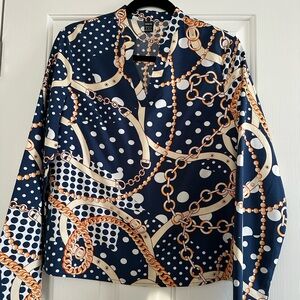 Chaps Woman’s Navy Chain Print Long-Sleeve Shirt